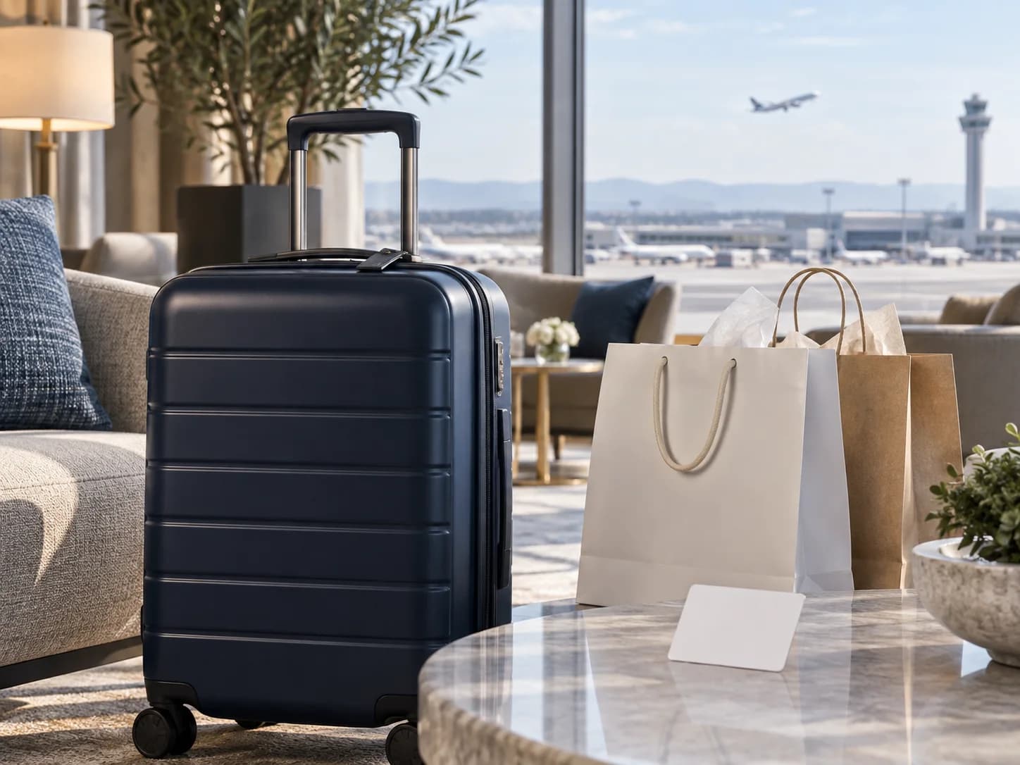 Illustrative travel and shopping perks with a suitcase, hotel key card, and unbranded bags